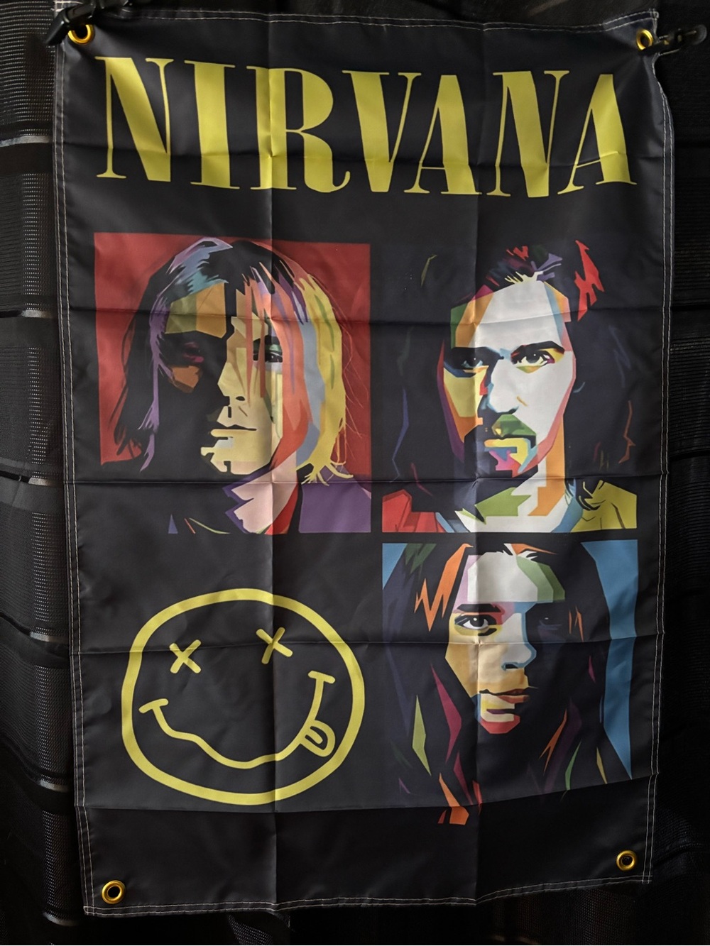 NIRVANA Black Poster with Yellow Logo and Multicolor Pop-Art Portraits